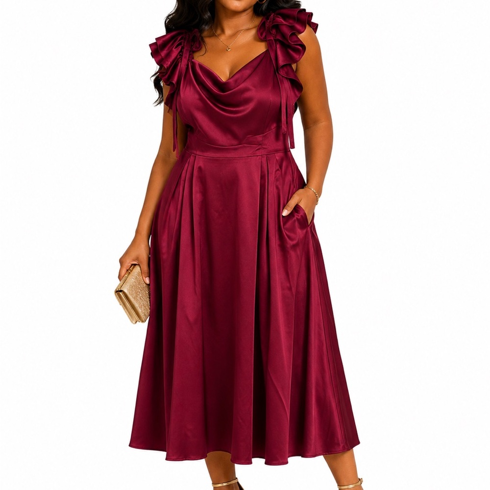 City Chic Wine Satin Ruffle-Shoulder Midi Dress